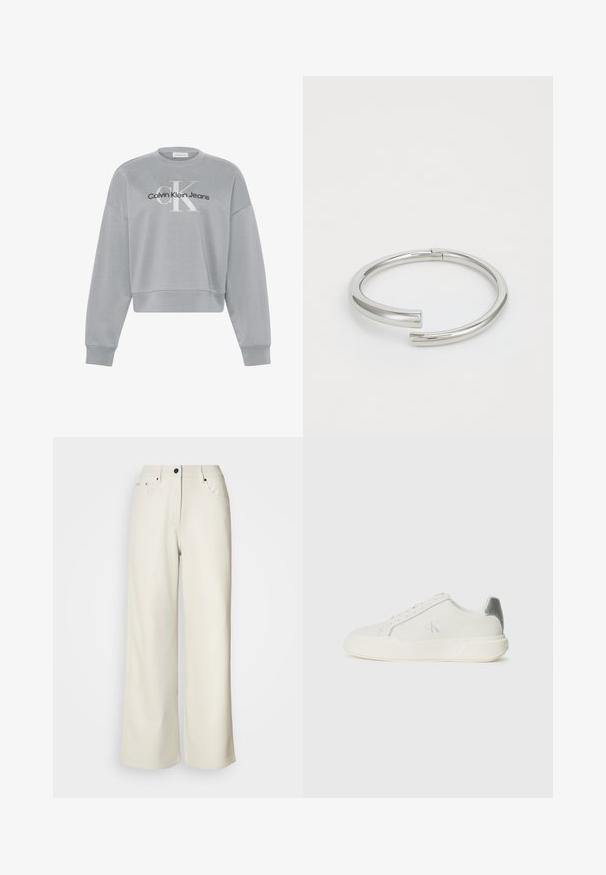 Lysegrå cropped sweatshirt med lange ærmer, der har hvid "cK" og sort "Calvin Klein Jeans" logo centreret på forsiden.; Cremefarvede bukser med brede ben lavet af glat stof. Har en mellemhøj talje, lynlås i gulvet og to frontlommer med sorte hardware accenter.; Hvide sneakers lavet af læder med en glat tekstur, forsynet med en sølvaccent på hælen, flad sål og minimalistisk design.; Calvin Klein SPIRAL - Armbånd - silver-coloured
