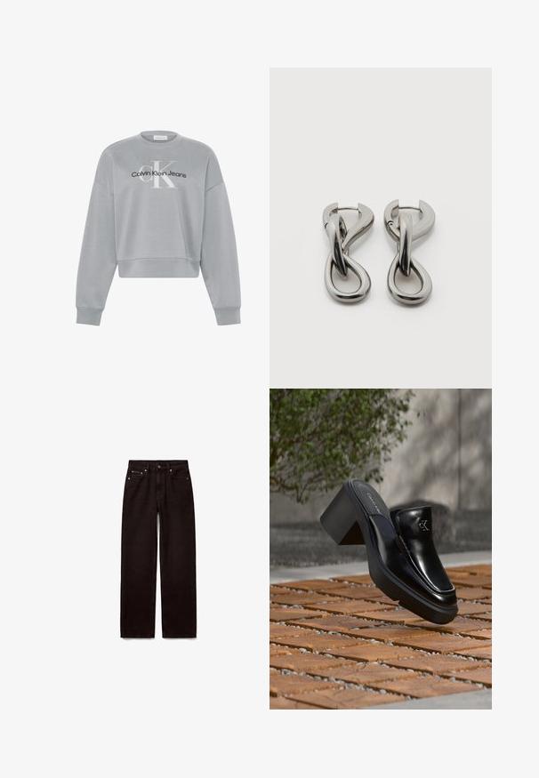 Lysegrå cropped sweatshirt med lange ærmer, der har hvid "cK" og sort "Calvin Klein Jeans" logo centreret på forsiden.; Sorte jeans med lige ben, forreste knap og lynlås, to forlommer og bæltestropper på hvid baggrund.; Sort læder Calvin Klein slip-on mule med blokhæl, der hviler på trætøj udendørs nær en grøn plante og en grå væg.; Par af sølvtonede metale øreringe med abstrakt sammenflettet løbedesign på hvid baggrund.