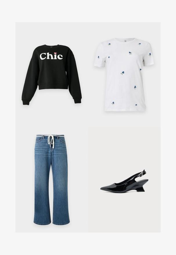 Sweatshirt noir à manches longues avec le texte blanc "Chic" et un petit cœur rose au-dessus de la lettre "i" à l'avant.; T-shirt blanc à manches courtes avec une petite broderie dispersée de fleurs bleues et de tiges vertes, col rond, fond uni.; Jean large en denim bleu avec un cordon blanc à la taille et un style classique à cinq poches.; Chaussure slingback en cuir verni noir avec bout pointu et petit talon bloc incliné sur fond clair uni.