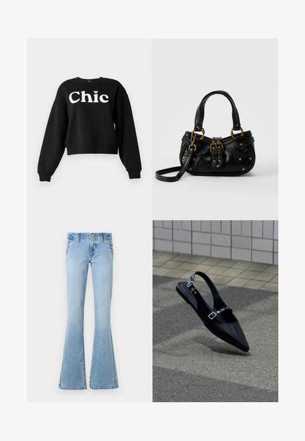 Sweatshirt noir à manches longues avec le texte blanc "Chic" et un petit cœur rose au-dessus de la lettre "i" à l'avant.; Jean en denim bleu clair taille haute avec jambes évasées et boutons argentés le long des poches latérales sur un fond blanc.; Mocassin noir à bout pointu et bride arrière, avec double boucle, posé sur un asphalt gris près d'un mur carrelé en arrière-plan.; Sac à main en cuir noir avec boucle dorée et détails à rivets, poignées courtes et bandoulière réglable sur fond blanc uni.