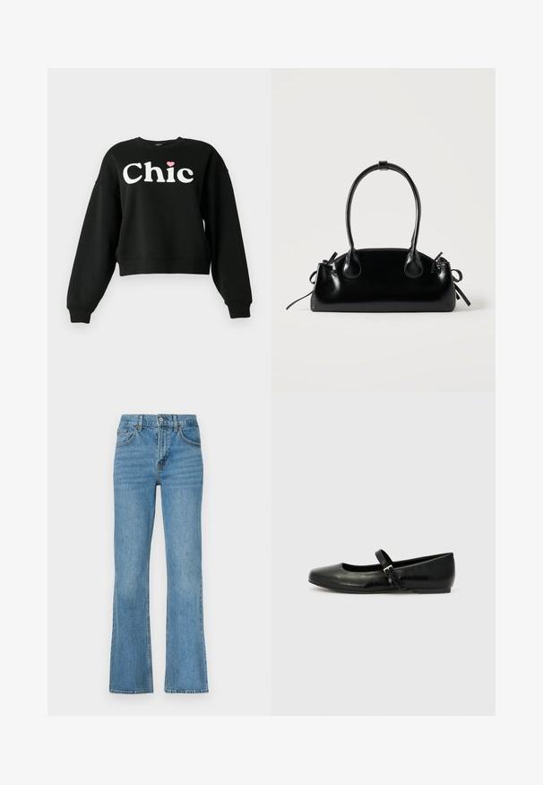 Sweatshirt noir à manches longues avec le texte blanc "Chic" et un petit cœur rose au-dessus de la lettre "i" à l'avant.; Jean en denim bleu clair évasé, doté d'une taille haute, d'un design standard à cinq poches et de coutures décoratives le long des coutures.; Ballerines en cuir noir avec un bout arrondi, une semelle plate et une fine sangle ajustable sur le cou-de-pied avec une boucle en métal.; Petit sac à main noir brillant avec deux longues anses et des détails à cordon sur les côtés sur un fond clair uni.