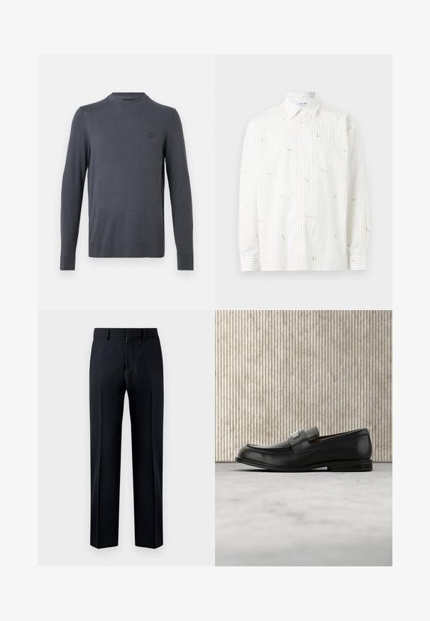 Pull-over à manches longues, gris foncé, col rond, avec un petit logo brodé sur le côté gauche de la poitrine, présenté sur un fond blanc uni.; Chemise blanche à manches longues avec des rayures noires verticales fines et de petits motifs brodés dispersés sur le tissu.; Pantalon de costume noir droit avec passants pour ceinture et fermeture éclair à l'avant, présenté sur un fond blanc.; Mocassin en cuir noir avec une plaque de marque en métal reposant près d'une table ronde marron sur un sol recouvert de moquette beige.
