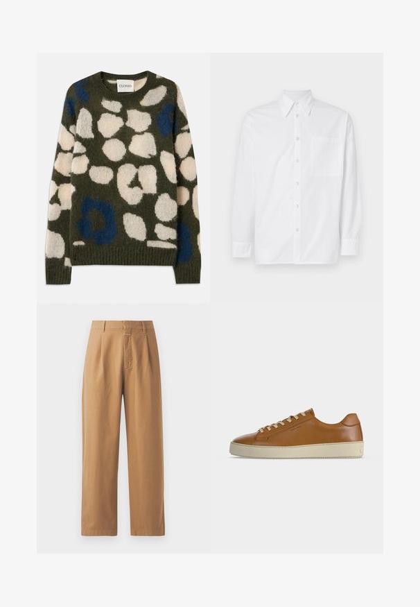Suéter de punto en verde oliva con manchas abstractas en blanco y azul. Presenta un cuello redondo y puños y dobladillo acanalados. Tejido suave y texturizado.; Camisa blanca de manga larga hecha de algodón. Presenta un cuello clásico, cierre de botones en la parte frontal y un único bolsillo en el pecho del lado izquierdo.; Pantalones marrones de pierna ancha hechos de una tela suave. Presentan una cintura alta con plisados, lazos para cinturón y un único bolsillo frontal.; Zapatilla baja de piel marrón con cordones crema y suela gruesa de goma crema mostrada de perfil lateral sobre fondo blanco.