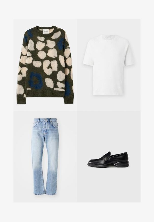 Suéter de punto en verde oliva con manchas abstractas en blanco y azul. Presenta un cuello redondo y puños y dobladillo acanalados. Tejido suave y texturizado.; Camiseta de punto texturizado blanca de manga corta con escote redondo, mostrada sobre un fondo claro y simple.; Jeans de mezclilla azul claro con corte recto. Presenta un diseño de cinco bolsillos, cierre de botón y una textura deslavada hacia la parte inferior.; Mocasines de piel negra con una suela de goma texturizada y baja, y un diseño de costura en la parte superior. Presenta una punta redondeada y mínimas ornamentaciones.