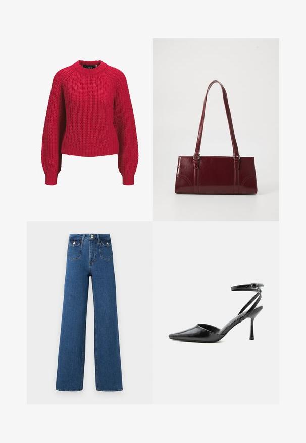 Roter grob gestrickter Pullover mit langen Ballonärmeln und geripptem Rundhalsausschnitt sowie Bündchen, Vorderansicht auf weißem Hintergrund.; Weite Jeans aus dunklem Denim. Verfügt über zwei Vordertaschen und einen Knopfverschluss. Glatte Textur mit sichtbaren Nähten und strukturierter Form.; Schwarzer spitzer High Heel mit dünnen Knöchelriemen und silberner Schnalle auf einfachem hellem Hintergrund.; Burgunderfarbene Handtasche aus glänzendem Material, rechteckige Form, mit zwei Schulterriemen und subtilen, geschwungenen Akzenten an der Vorderseite.