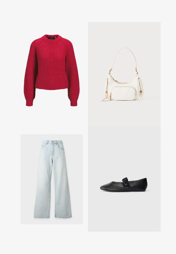 Roter grob gestrickter Pullover mit langen Ballonärmeln und geripptem Rundhalsausschnitt sowie Bündchen, Vorderansicht auf weißem Hintergrund.; Hellblaue, hochtaillierte, weit geschnittene Jeans mit Vorderknopf und Reißverschluss, vorderen Taschen und Gürtelschlaufen auf weißem Hintergrund.; Schwarzer flacher Schuh mit einem gerafften elastischen Riemen über der Oberseite und einer abgerundeten Spitze vor einem schlichten weißen Hintergrund.; Weißer Handtasche mit kurzem Tragegurt, strukturiertem Oberflächen, mehreren Reißverschlusstaschen und Hardware-Akzenten in Goldton. Kompaktes und modernes Design.