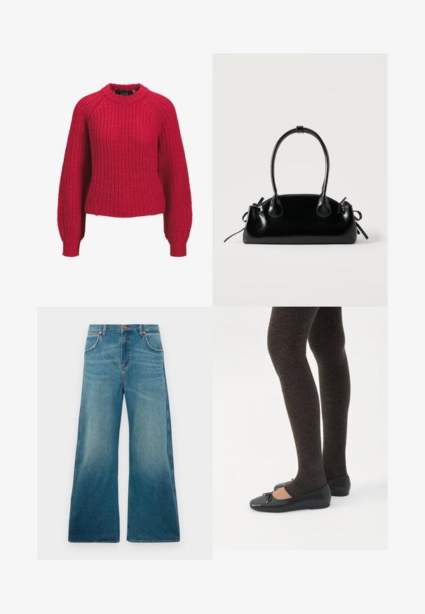Roter grob gestrickter Pullover mit langen Ballonärmeln und geripptem Rundhalsausschnitt sowie Bündchen, Vorderansicht auf weißem Hintergrund.; Hochtaillierte blaue Jeans aus Denim mit weitem Bein, frontalen Taschen, Knopfverschluss und einem verblassten Farbverlauf von der Taille bis zum Saum.; Beine in dunklen, gerippten Leggings kombiniert mit schwarzen Ballerinas mit kleinen Schleifendetails auf weißem Hintergrund.; Kleine schwarze glänzende Handtasche mit zwei langen Griffen und seitlichen Kordelzug-Details vor einfachem hellem Hintergrund.
