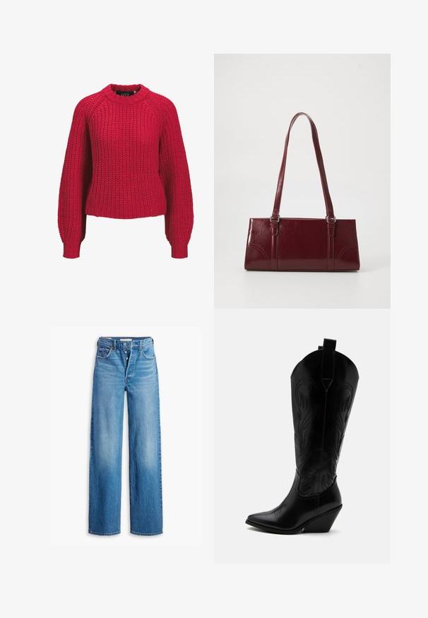 Roter grob gestrickter Pullover mit langen Ballonärmeln und geripptem Rundhalsausschnitt sowie Bündchen, Vorderansicht auf weißem Hintergrund.; Blaue Denim-Jeans mit hoher Taille, weitem Bein-Design und Fünf-Taschen-Stil. Sie verfügen über einen Knopfverschluss und ein verwaschenes Finish.; Schwarzer Leder-Cowboystiefel mit spitzer Zehe, schrägem Blockabsatz, dekorativer Naht und Zuglaschen oben vor weißem Hintergrund.; Burgunderfarbene Handtasche aus glänzendem Material, rechteckige Form, mit zwei Schulterriemen und subtilen, geschwungenen Akzenten an der Vorderseite.