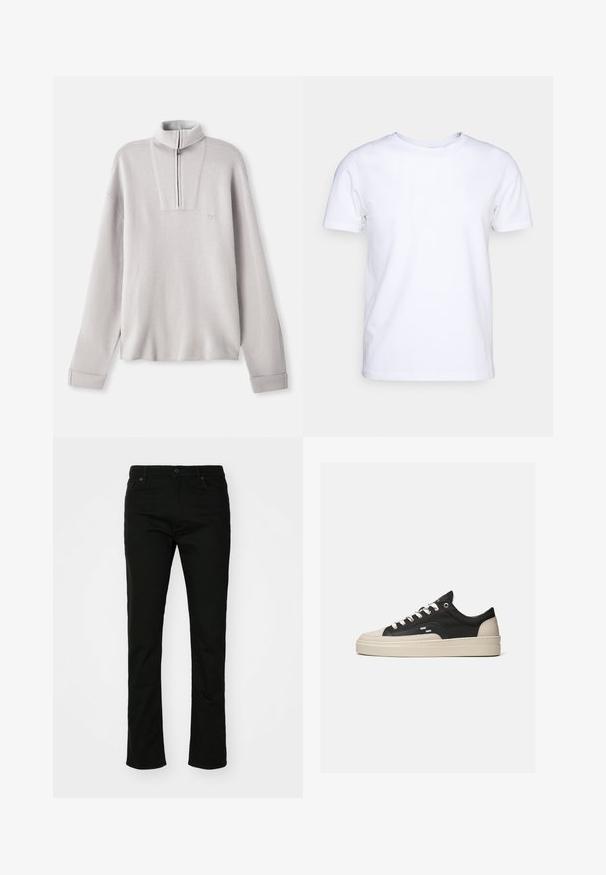 Pull-over en polaire gris clair avec un col zippé mi-hauteur, des manches longues, et un petit logo sur la poitrine. Texture douce et coupe décontractée.; T-shirt blanc à manches courtes en tissu de coton avec un col rond. Design simple sans motifs ni accents. Texture lisse.; Jean en denim noir avec une coupe droite, style à cinq poches et fermeture à bouton. Texture lisse avec des détails de couture subtils.; Baskets basses noires et beige avec lacets blancs, dessus texturé et semelle épaisse beige, montrées de côté extérieur sur un fond uni.