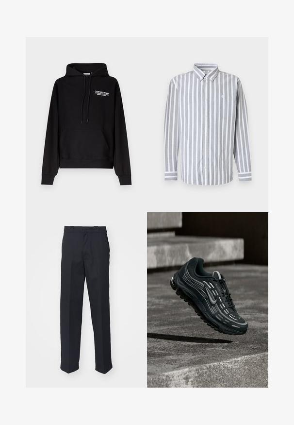 Μαύρο φούτερ Carhartt WIP με τσέπη καγκουρό μπροστά, κουκούλα με κορδόνι και λευκό κείμενο λογότυπου στο αριστερό στήθος.; Ανδρικό πουκάμισο με κουμπιά, με κάθετες ρίγες σε γκρι και λευκό, μακριά μανίκια και μικρό λογότυπο στο στήθος. Ύφασμα από βαμβάκι, κλασικό γιακά.; Μαύροι προσαρμοσμένοι παντελόνες με ίσια κόψη, φτιαγμένοι από απαλό ύφασμα, με ζώνη που έχει θηλιές και χωρίς ορατά σχέδια ή αξεσουάρ.; Μαύρο και γκρι αθλητικό παπούτσι Nike Air Max να αιωρείται πάνω από γκρι τσιμεντένια σκαλοπάτια με υφή στο έδαφος ως φόντο.