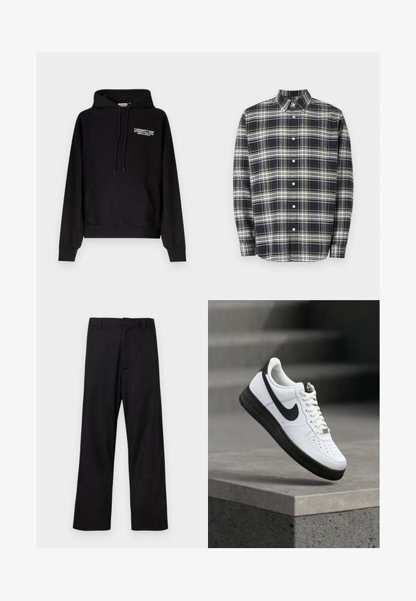 Μαύρο φούτερ Carhartt WIP με τσέπη καγκουρό μπροστά, κουκούλα με κορδόνι και λευκό κείμενο λογότυπου στο αριστερό στήθος.; Μακρυμάνικη καρό πουκάμισο σε ναυτικό μπλε, πράσινο και λευκό. Διαθέτει κολάρο με κουμπιά, μπροστινά κουμπιά και άνετη εφαρμογή. Ύφασμα από βαμβάκι.; Μαύρο παντελόνι με ίσια γραμμή, κλείσιμο με κουμπί και φερμουάρ, θηλιές για ζώνη, απλωμένο επίπεδο πάνω σε ανοιχτό υπόβαθρο.; Λευκό δερμάτινο αθλητικό παπούτσι με μαύρες λεπτομέρειες, στρογγυλεμένη μύτη και διάτρητη διακόσμηση. Μαύρη σόλα από καουτσούκ με υφή και σύστημα κλεισίματος με κορδόνια.