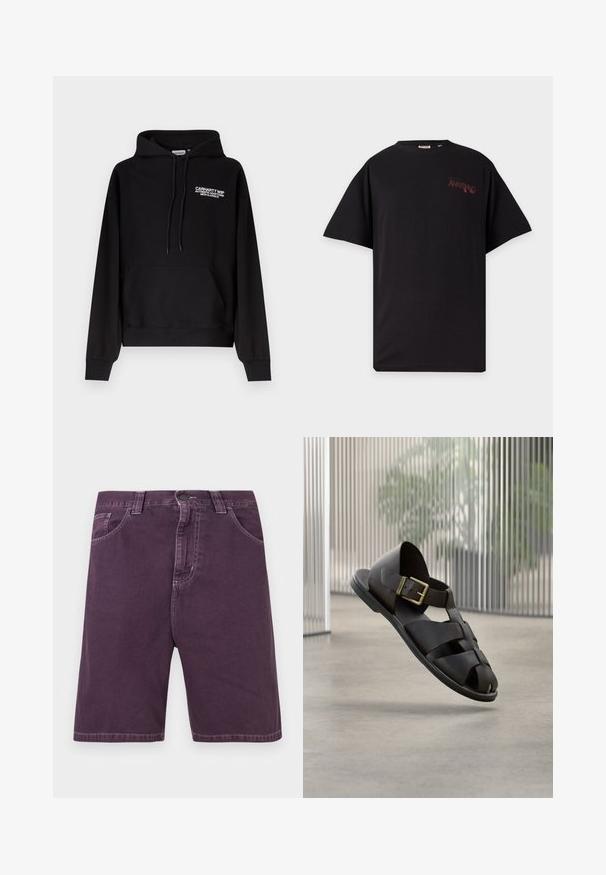 Μαύρο φούτερ Carhartt WIP με τσέπη καγκουρό μπροστά, κουκούλα με κορδόνι και λευκό κείμενο λογότυπου στο αριστερό στήθος.; Μαύρο κοντομάνικο μπλουζάκι με κόκκινο τυπωμένο κείμενο "AWAKENING" στο πάνω αριστερό μέρος του στήθους.; Μωβ τζιν σορτς με κουμπί και φερμουάρ μπροστά, θηλιές για ζώνη και δύο μπροστινές τσέπες.; Μαύρο δερμάτινο ανδρικό σανδάλι με πλεχτές λουριά και χρυσή αγκράφα, αιωρείται πάνω από λείο τσιμεντένιο δάπεδο σε μοντέρνο, μίνιμαλ εσωτερικό χώρο.