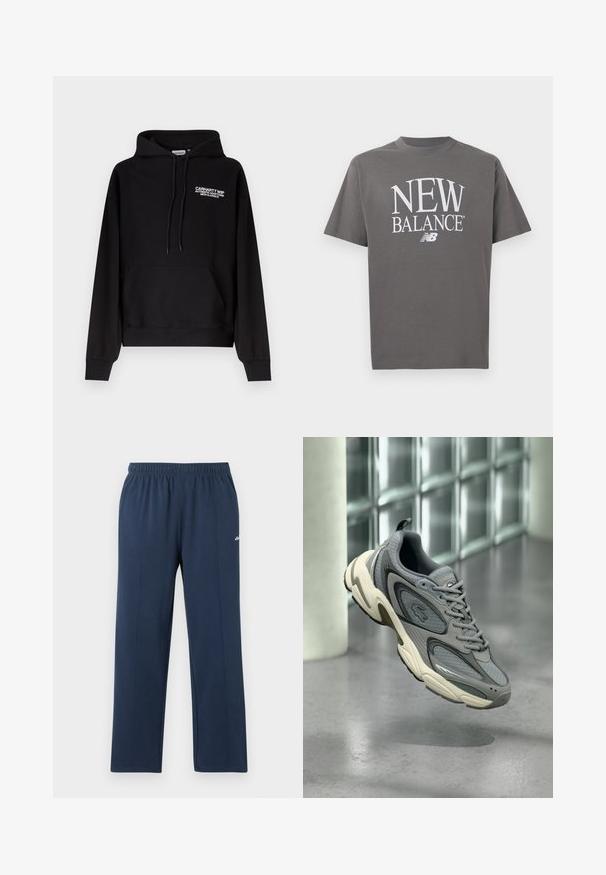 Μαύρο φούτερ Carhartt WIP με τσέπη καγκουρό μπροστά, κουκούλα με κορδόνι και λευκό κείμενο λογότυπου στο αριστερό στήθος.; Γκρι κοντομάνικο T-shirt με στρογγυλή λαιμόκοψη, μεγάλα λευκά γράμματα "NEW BALANCE" και το λογότυπο "NB" στη μέση μπροστά.; Σκούρο μπλε παντελόνι φόρμας με ίσια γραμμή, ελαστική μέση και διακριτικές κάθετες ραφές, μικρό λευκό λογότυπο στο πάνω μέρος του μηρού.; Γκρι και λευκό αθλητικό παπούτσι με πάνελ από δίχτυ και δέρμα, αιωρούμενο πάνω από γυαλισμένο δάπεδο από σκυρόδεμα κοντά σε φόντο τοίχου από γυάλινα τουβλάκια.