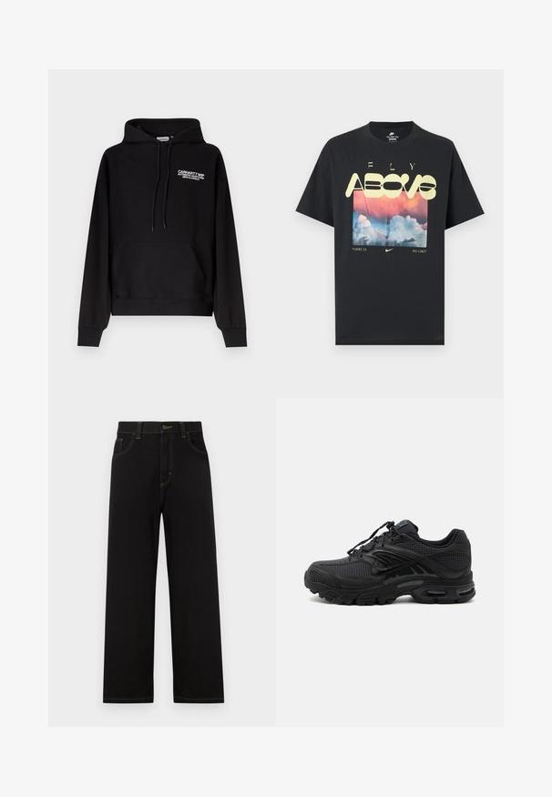 Μαύρο φούτερ Carhartt WIP με τσέπη καγκουρό μπροστά, κουκούλα με κορδόνι και λευκό κείμενο λογότυπου στο αριστερό στήθος.; Μαύρο βαμβακερό T-shirt με γραφικό που απεικονίζει σύννεφα, έναν ροζ και μπλε ουρανό και έντονο κίτρινο κείμενο που γράφει "ΠΕΤΑΞΕ ΠΑΝΩ" και "ΔΕΝ ΥΠΑΡΧΕΙ ΟΡΙΟ."; Μαύρο τζιν παντελόνι με ίσια γραμμή, διαθέτει μπροστινές τσέπες, αντίθεση κίτρινη ραφή και κλείσιμο με κουμπί στη μέση.; Μαύρο αθλητικό παπούτσι με υφασμάτινη υφή, παχιά μαξιλαρωτή σόλα, αεραγωγούς και κλείσιμο με κορδονάκια, εμφανίζεται από το πλάι σε ανοιχτό φόντο.