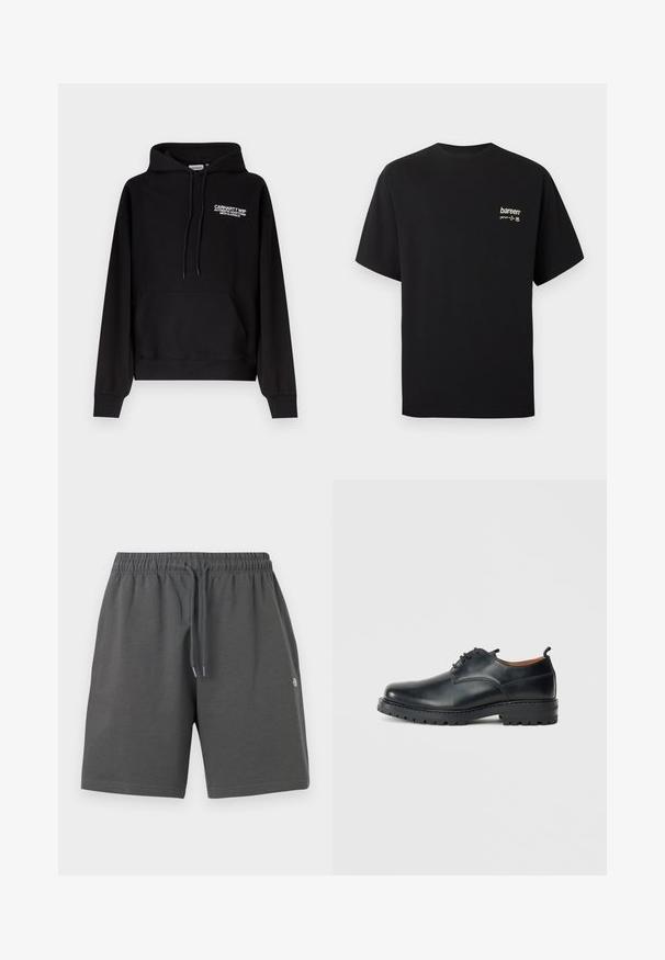 Μαύρο φούτερ Carhartt WIP με τσέπη καγκουρό μπροστά, κουκούλα με κορδόνι και λευκό κείμενο λογότυπου στο αριστερό στήθος.; Μαύρο κοντομάνικο T-shirt με στρογγυλή λαιμόκοψη, μικρό μπεζ λογότυπο "bareen" και ετικέτα μεγέθους στο αριστερό στήθος.; Γκρι σορτς από μαλακό ύφασμα με ελαστική μέση και ρυθμιζόμενο κορδόνι. Διαθέτουν απλό σχέδιο χωρίς τσέπες ή μοτίβα.; Μαύρα δερμάτινα παπούτσια derby με λεία υφή, στρογγυλή μύτη, σχέδιο με κορδόνια και χοντρή, ανθεκτική καουτσούκ σόλα.