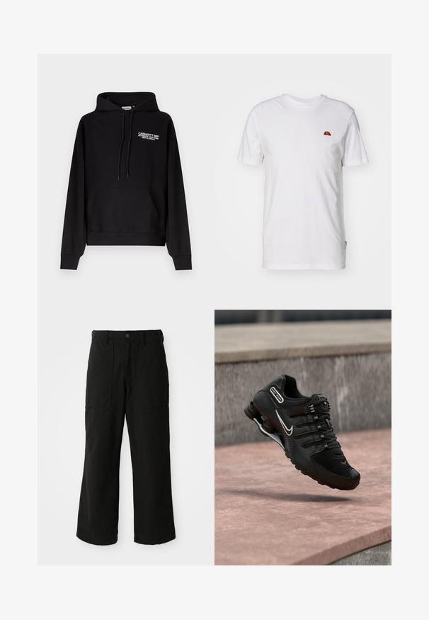 Μαύρο φούτερ Carhartt WIP με τσέπη καγκουρό μπροστά, κουκούλα με κορδόνι και λευκό κείμενο λογότυπου στο αριστερό στήθος.; Λευκό βαμβακερό μπλουζάκι με κοντό μανίκι και στρογγυλή λαιμόκοψη. Διαθέτει ένα μικρό πολύχρωμο λογότυπο στην αριστερή πλευρά του στήθους. Μαλακή υφή.; Μαύρο παντελόνι σε ευρεία γραμμή από μαλακό ύφασμα, με μπροστινές τσέπες και κούμπωμα με κουμπί στη μέση. Μινιμαλιστικός σχεδιασμός χωρίς ορατά μοτίβα.; Μαύρο παπούτσι Nike Shox για τρέξιμο με λευκό λογότυπο Swoosh, στον αέρα πάνω από ροζιζέ επιφάνεια από μπετόν με φόντο γκρι πέτρινο τοίχο.