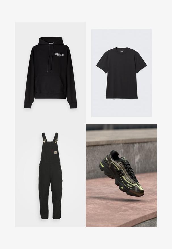 Μαύρο φούτερ Carhartt WIP με τσέπη καγκουρό μπροστά, κουκούλα με κορδόνι και λευκό κείμενο λογότυπου στο αριστερό στήθος.; Μαύρο κοντομάνικο μπλουζάκι φτιαγμένο από βαμβάκι. Διαθέτει στρογγυλή λαιμόκοψη και άνετη εφαρμογή. Απλός σχεδιασμός χωρίς ορατά μοτίβα ή διακοσμητικά.; Μαύρες βαμβακερές φορμίτσες με ρυθμιζόμενους ιμάντες, μπροστινή τσέπη με λογότυπο και δύο πλαϊνές τσέπες σε άνετη εφαρμογή.; Μαύρο και κίτρινο αθλητικό παπούτσι New Balance 1000, κρεμασμένο πάνω από επιφάνεια από ροζ πέτρα, με φόντο γκρι πέτρινο τοίχο.