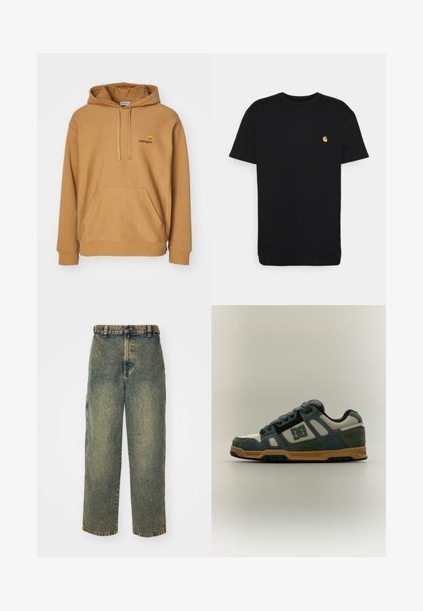 Sweat-shirt à capuche marron en tissu doux, avec une poche avant et un logo brodé sur la poitrine. Design simple, poignets côtelés.; T-shirt en coton noir à manches courtes, col rond, avec un petit logo jaune sur la partie gauche de la poitrine. Design simple et coupe régulière.; Jeans en denim ample avec un délavage bleu et vert. Comprend une fermeture à bouton, des passants de ceinture et des poches latérales. Pas de pli à l'avant et design à jambe droite.; Baskets basses DC vert foncé, beige et noir avec semelle marron clair et fermeture à lacets, présentées sur fond neutre.