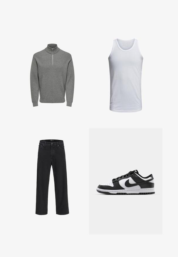 Sweat-shirt gris à demi-zip, texture côtelée, col haut, manches longues et fermeture éclair en métal au cou. Design classique et décontracté.; Débardeur en coton blanc avec un col rond, des bretelles larges et un marquage minimal imprimé à l'intérieur du col. Texture douce, coupe décontractée.; Jean en denim noir à jambe droite avec fermeture à bouton et à zip, passants de ceinture, et poches avant et arrière.; Baskets Nike Dunk en noir et blanc avec une tige en cuir, un bout perforé, des lacets noirs et une semelle en caoutchouc noir avec un motif de semelle.