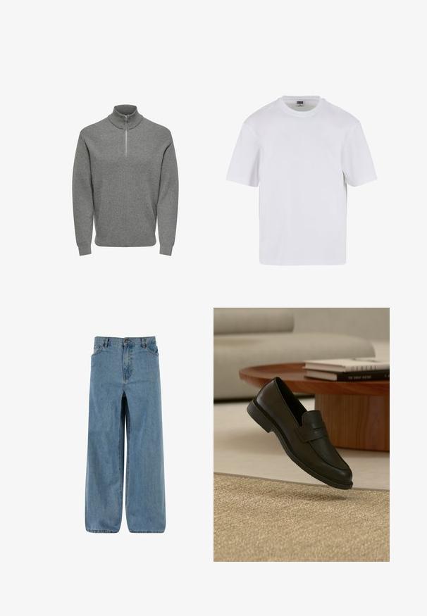 Grå halv-lynlås pullover-trøje, ribbet tekstur, høj krave, lange ærmer og en metal lynlås ved halsen. Klassisk, afslappet design.; Hvid kortærmet t-shirt lavet af bomuld. Har en rund halsudskæring og en afslappet pasform. Glat tekstur, minimalistisk design, ingen mønstre eller accenter.; Denim bredde ben bukser i lys blå. Har en knap- og lynlåslukning, fem lommer og en falmet tekstur for et klassisk look.; Sort læderloafer vist i luften over en beige vævet tæppe, med et træbord og stablede bøger i et blødt oplyst stue.
