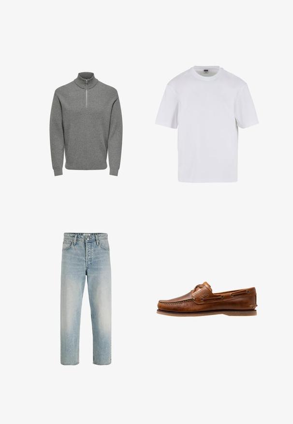Grå halv-lynlås pullover-trøje, ribbet tekstur, høj krave, lange ærmer og en metal lynlås ved halsen. Klassisk, afslappet design.; Hvid kortærmet t-shirt lavet af bomuld. Har en rund halsudskæring og en afslappet pasform. Glat tekstur, minimalistisk design, ingen mønstre eller accenter.; Lyseblå jeans med lige ben, forlommer, bæltestropper, lynlås og knaplukning, lavet af Jack & Jones.; Brune læder bådsko med syede detaljer, der har metaløjer, en forhøjet søm på tåen og en flad gummisål.