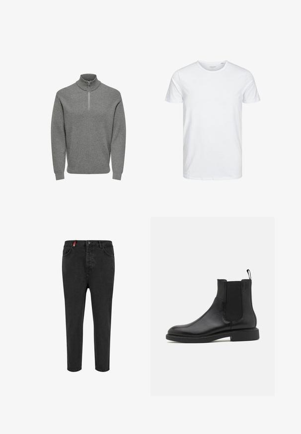 Grå halv-lynlås pullover-trøje, ribbet tekstur, høj krave, lange ærmer og en metal lynlås ved halsen. Klassisk, afslappet design.; Rundhals kortærmet t-shirt i ensfarvet hvid, lavet af blød bomuld, har et simpelt design uden synlige mønstre eller detaljer.; Sorte denimjeans med slim fit, fem-lomme design, knap- og lynlåslukning samt en rød detalje på taljen.; Sort læder ankelstøvle med glat overflade, elastiske sidepaneler og en trækstrop. Rund tå og flad gummisål med minimal mønster.