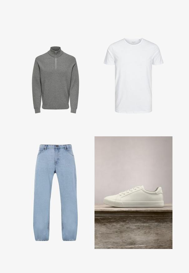 Grå halv-lynlås pullover-trøje, ribbet tekstur, høj krave, lange ærmer og en metal lynlås ved halsen. Klassisk, afslappet design.; Rundhals kortærmet t-shirt i ensfarvet hvid, lavet af blød bomuld, har et simpelt design uden synlige mønstre eller detaljer.; Lys blå denimjeans med et lige ben-design, der har fire lommer, en lynlås og detaljer i gul syning.; Hvide snørresneakers svævende over en træbænk med grønne planter i baggrunden, der fremhæver skodesign og tekstur.