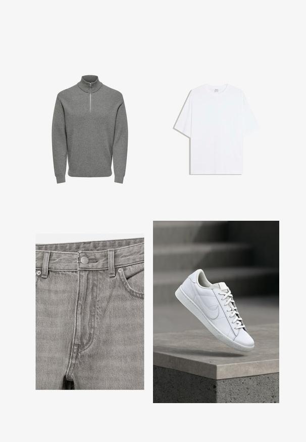 Grå halv-lynlås pullover-trøje, ribbet tekstur, høj krave, lange ærmer og en metal lynlås ved halsen. Klassisk, afslappet design.; Hvid oversized bomulds t-shirt med rund hals og korte ærmer; glat tekstur, uden synlige mønstre eller accenter.; Grå denimjeans foran med knaplukning, bæltestropper og synlige forlommer.; Hvid lædersneaker med snørebånd og Nike swoosh-logo, der svæver over en betonkant i en udendørs setting.