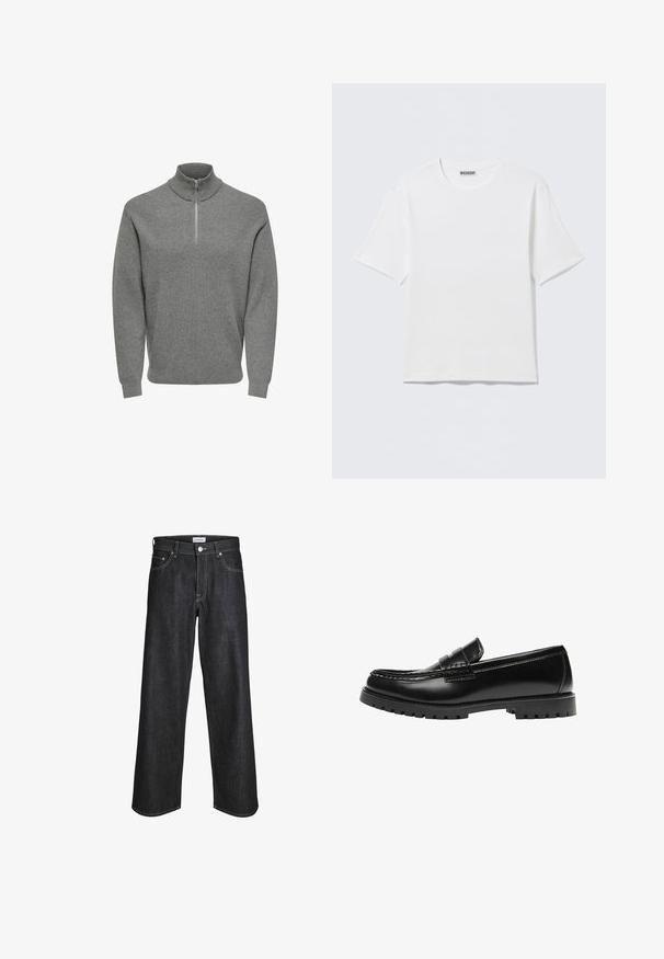 Grå halv-lynlås pullover-trøje, ribbet tekstur, høj krave, lange ærmer og en metal lynlås ved halsen. Klassisk, afslappet design.; Hvid, kortærmet t-shirt med rund hals og et lille "WEEKDAY"-mærke på indersiden af bagkraven, vist på en flad overflade.; Mørk denim jeans med bred bendesign, featuring kontrasterende guldstikninger, forlommer og knaplukning i taljen.; Sort læderloafer med en kraftig gummisål og klassiske penny-strap detaljer, vist fra ydersiden.
