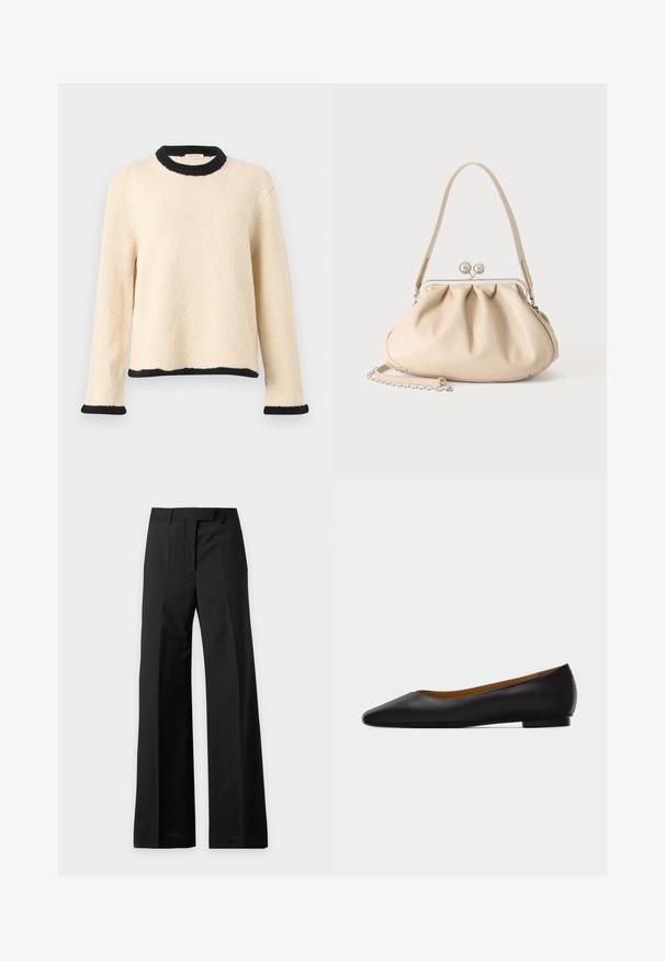 Pull en maille crème à manches longues avec bordure côtelée noire au col, aux poignets et à l'ourlet, présenté sur un fond uni.; Pantalon noir taille haute à jambes larges avec plis devant et passants pour ceinture, présenté sur fond blanc.; Chaussure plate en cuir noir à bout pointu avec talon bas et finition lisse, vue de côté sur un fond gris clair.; Sac à main en cuir souple beige avec un fermoir en métal argenté, une bandoulière simple et une bandoulière chaîne optionnelle sur fond blanc.