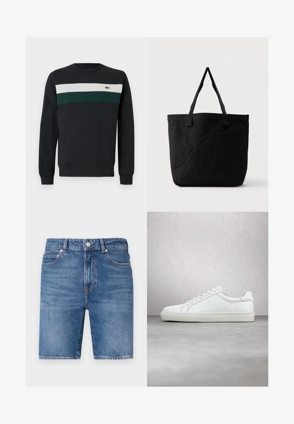 Dunkles Sweatshirt mit schwarzem Grundton, verziert mit grünen und weißen horizontalen Streifen über der Brust sowie einem kleinen gestickten Logo auf der linken Seite.; Jeans-Shorts in einem mittleren Blauton mit geradem Schnitt, fünf Taschen Design und Knopfverschluss. Mit kontrastierenden Nähten.; Weißer Sneaker mit glattem Lederobermaterial und niedrigem Profil. Verfügt über eine runde Zehenpartie, sechs Ösen und eine strukturierte Gummisohle.; Schwarze Canvas-Shopper-Tasche mit zwei Schulterriemen und einem dezenten, eingeprägten kreisförmigen Design auf der Vorderseite.