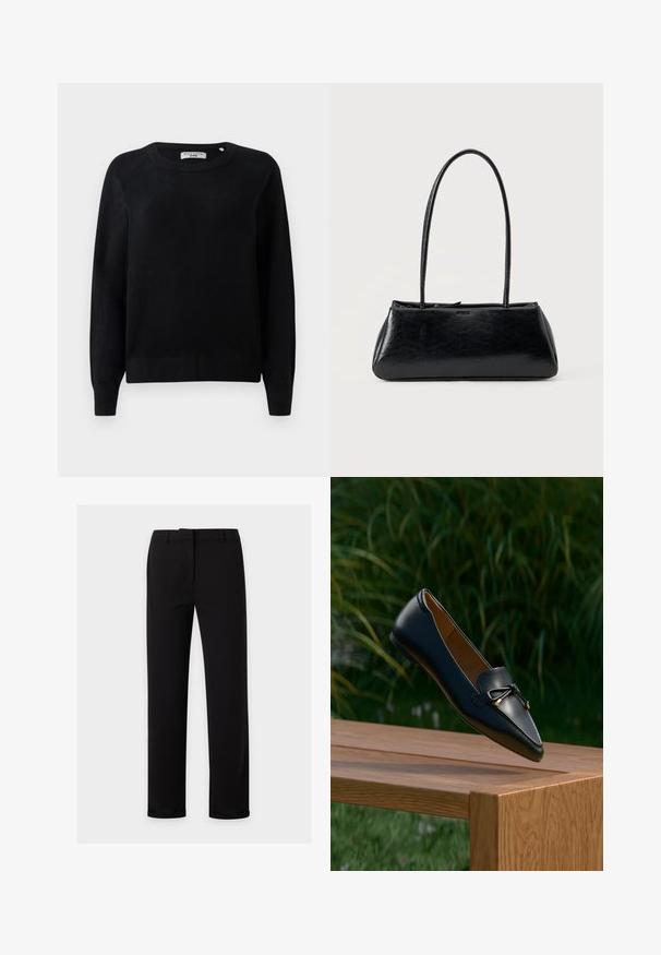 Suéter negro de punto con cuello redondo, mangas largas y puños y dobladillo acanalados. Textura suave, sin patrones ni elementos metálicos visibles.; Pantalones negros de corte recto con trabillas para cinturón, cremallera frontal y una cintura lisa, mostrados sobre un fondo claro y liso.; Mocasín de cuero negro con un detalle de lazo flotando sobre un banco de madera, con hierba verde y plantas en el fondo.; Bolso de hombro rectangular negro con correas largas y delgadas y una textura lisa y brillante sobre un fondo liso.