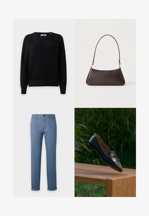 Suéter negro de punto con cuello redondo, mangas largas y puños y dobladillo acanalados. Textura suave, sin patrones ni elementos metálicos visibles.; Pantalones casuales azules con cierre de botón, presillas para cinturón, bolsillos laterales y puños en los tobillos sobre un fondo blanco.; Mocasín de cuero negro con un detalle de lazo flotando sobre un banco de madera, con hierba verde y plantas en el fondo.; Bolso de mano de piel marrón oscura con cremallera superior curva y una correa fina para el hombro con cierres dorados sobre un fondo liso.