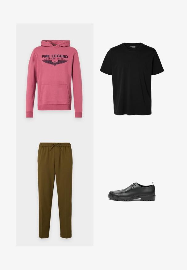 Sudadera rosa fabricada con un material de mezcla de algodón. Presenta un bolsillo canguro, puños acanalados y una impresión gráfica frontal con alas y texto.; Camiseta negra lisa de manga corta y cuello redondo con corte de hombre, sin patrones ni logotipos visibles en el delantero.; Pantalones ligeros de color verde oliva con cintura elástica y cordón ajustable. Presentan perneras rectas y sin bolsillos. Textura suave.; Zapatos de cuero negro con un acabado suave, punta redondeada y costuras decorativas. Cuenta con una suela de goma con surcos para tracción y un diseño de cordones.