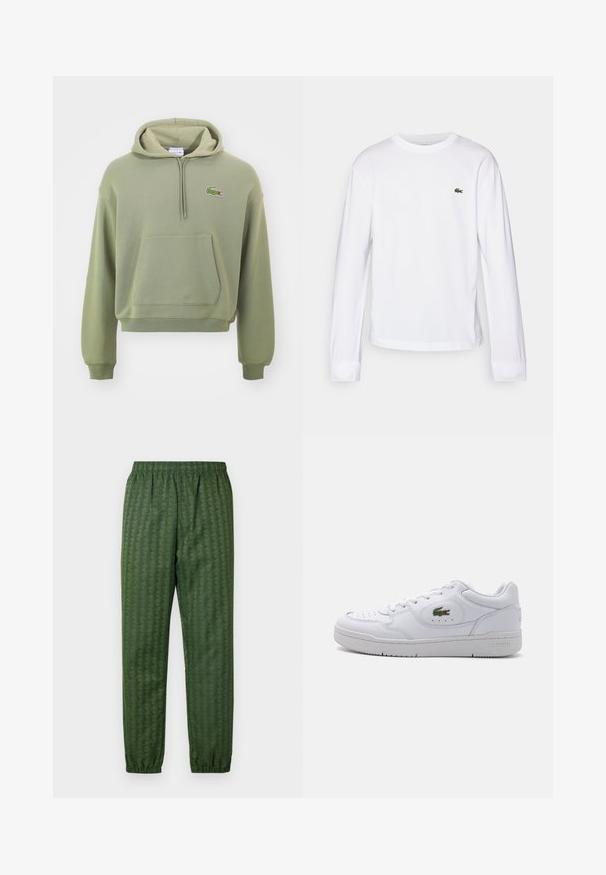 Groene cropped hoodie van zacht materiaal, met een kangoeroezak en een capuchon met trekkoord, voorzien van een klein geborduurd logo op de borst.; Witte lange mouwen T-shirt van katoen. Beschikt over een geribbelde ronde hals en een klein groen geborduurd logo op de borst. Eenvoudig ontwerp.; Groene sportbroeken met een elastische tailleband, taps toelopende benen en een geometrisch patroon. Gemaakt van lichtgewicht materiaal.; Witte leren sneakers met een geperforeerde neus en een groen krokodillenlogo aan de buitenkant. Bevat een platte zool en een vetersluiting.