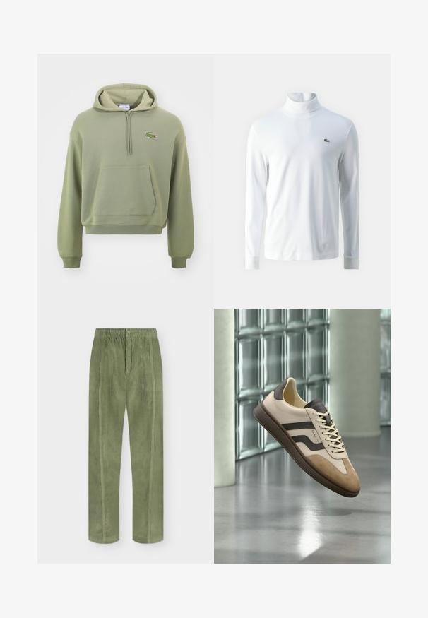 Groene cropped hoodie van zacht materiaal, met een kangoeroezak en een capuchon met trekkoord, voorzien van een klein geborduurd logo op de borst.; Witte lange mouw turtleneck shirt van zachte stof, met een klein groen geborduurd logo op de borst en aansluitende manchetten.; Olijfgroene corduroy broek met elastische tailleband, knoop aan de voorkant en verticale naaddetails op een effen achtergrond.; Beige en bruine casual sneaker met suède neus, merkzijden streep en veters, zwevend binnen op gepolierde betonnen vloer.