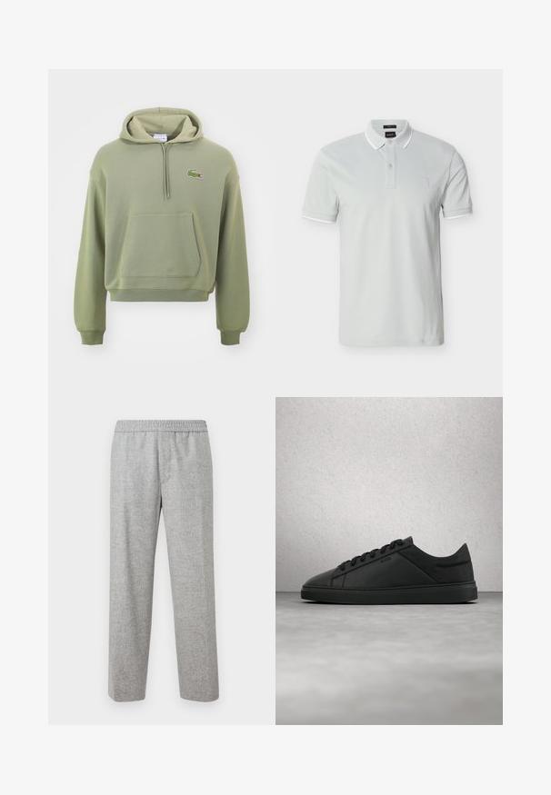 Grøn cropped hoodie lavet af blødt stof, med en kænguru lomme og en snørehætte, samt et lille broderet logo på brystet.; Lysegrå polo i bomuld med klassisk krave, to-knaps lukning og hvide detaljer på ærmerne. Broderet logo på brystet.; Lys grå, strukturerede, stofbukser med elastisk talje. Lige ben-design, ingen synlige lommer eller hardware detaljer.; Sort lav-sko i læder med snøre og "BOSS"-logo, der svæver over en glat betongulv nær glasblokke.