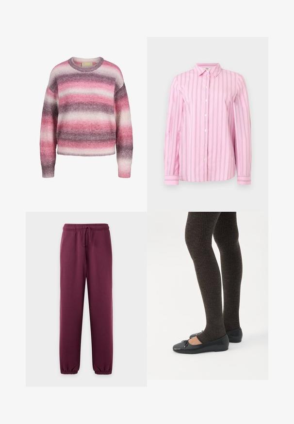 Pull doux et moelleux à encolure ras du cou avec des rayures horizontales dans des tons de rose, violet et blanc, manches longues, et poignets et ourlet côtelés.; Chemise rose à manches longues avec boutons, rayures fines verticales noires et blanches, col classique et poignets boutonnés.; Pantalon de jogging violet foncé avec taille élastique et cordon, jambes fuselées et poignets élastiques aux chevilles.; Jambes portant des leggings côtelés foncés associés à des ballerines noires avec de petits détails en nœud sur fond blanc.