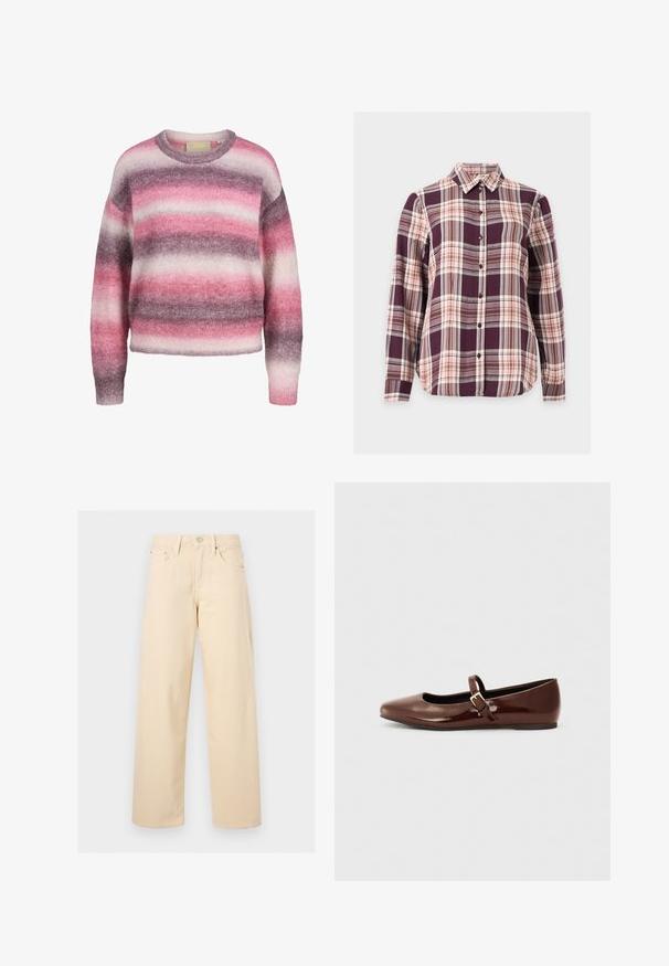 Weicher, flauschiger Pullover mit Rundhalsausschnitt und horizontalen Streifen in den Farbtönen Rosa, Lila und Weiß, langen Ärmeln sowie gerippten Bündchen und Saum.; Langärmliges Hemd mit Knöpfen, mit violettem, pinkem und braunem Karomuster und spitzem Kragen auf weißem Hintergrund.; Beige gerade geschnittene Hose mit vorderem Knopf und Reißverschluss, Gürtelschlaufen und Fünf-Taschen-Design auf einem einfarbigen hellen Hintergrund.; Braune Lackleder-Ballerinas mit quadratischer Zehenform und Riemen mit einer kleinen goldenen Schnalle. Glatte Textur, niedriger Absatz und minimalistisches Design.