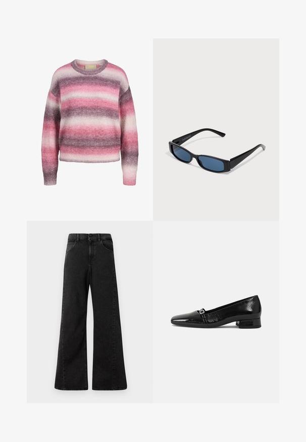 Pehme ja karvane ümara kaelusega kampsun, millel on horisontaalsed triibud roosades, lillades ja valgetes toonides, pikad varrukad ning soonilised mansetid ja alläär.; Kõrge vöökohaga mustad denim teksad, millel on lai jalgade disain, ees on taskud ja vöökoht kinnitub nööbiga.; Musta lakitud nahast baleriinijalatsid terava varbaga, madala ruudukujulise kontsaga ja väikese metallist pandlaga rihmal. Sile tekstuur.; Mustad mustad mustade, elegantsest ristkülikukujulisest raamistikust ja sinistest objektiividest. Omab siledat tekstuuri ja tugevaid templeid. Kaubamärgi logo küljel.