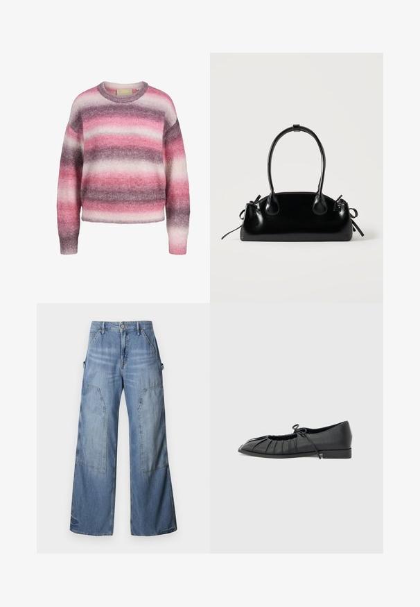 Weicher, flauschiger Pullover mit Rundhalsausschnitt und horizontalen Streifen in den Farbtönen Rosa, Lila und Weiß, langen Ärmeln sowie gerippten Bündchen und Saum.; Good American GOOD EASE RELAXED - Jeans Relaxed Fit - indigo; Schwarzer flacher Schuh mit plissiertem Vorderteil und einer gebundenen Schleife oben, niedriger Absatz und glatter Textur auf hellgrauem Hintergrund.; Kleine schwarze glänzende Handtasche mit zwei langen Griffen und seitlichen Kordelzug-Details vor einfachem hellem Hintergrund.