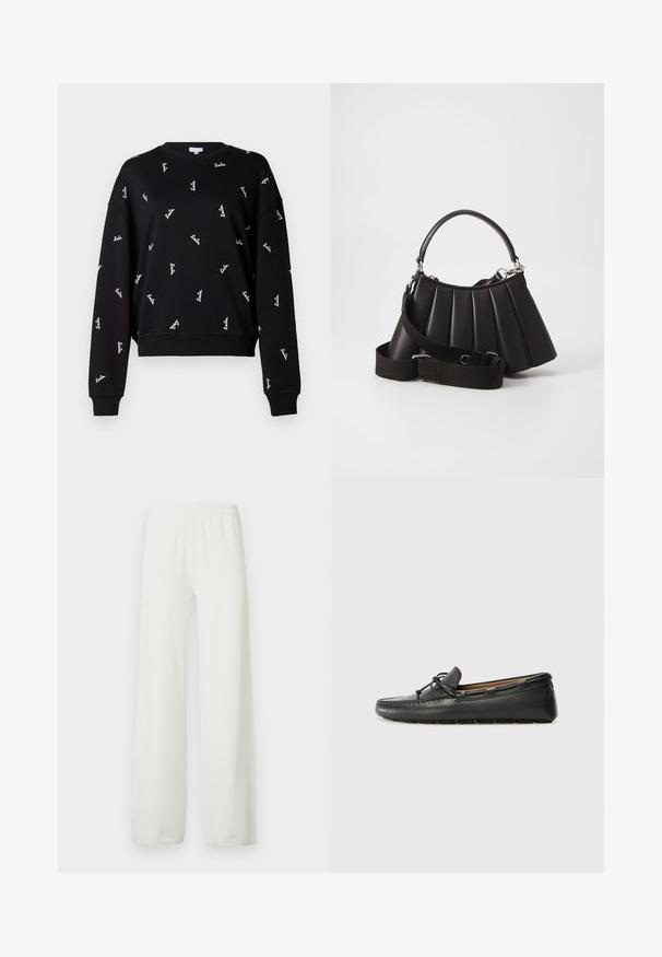 Sort sweatshirt med en afslappet pasform, der prydes af hvid broderet tekst spredt over stoffet. Ribstrikkede manchetter og kant. Blød struktur.; Hvide bukser med vide ben lavet af blødt, letvægtsstof. Har elastisk talje og lige ben. Ingen synlige mønstre eller detaljer.; Sorte læder bådsko med afrundet tå, stikninger, lille sløjfedetalje og gummisål. Glat tekstur og strømlinet design.; Sort plisseret handbag med et rundet håndtag, justerbar rem og blank overflade. Har sølvfarvet hardware og en struktureret silhuet.