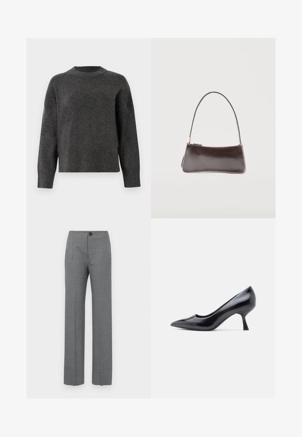Pull en maille gris foncé avec des manches longues, un col rond et des poignets et un ourlet à côtes. Texture lisse avec une coupe légèrement ample.; Pantalon tailleur gris avec une coupe droite, doté d'une fermeture à bouton, de poches latérales et d'un tissu lisse et texturé.; Escarpin en cuir verni noir avec bout pointu et talon aiguille de hauteur moyenne. Texture lisse et design minimaliste sans ornements visibles.; Petit sac à main rectangulaire en cuir marron foncé avec une bandoulière unique et une fermeture éclair dorée.