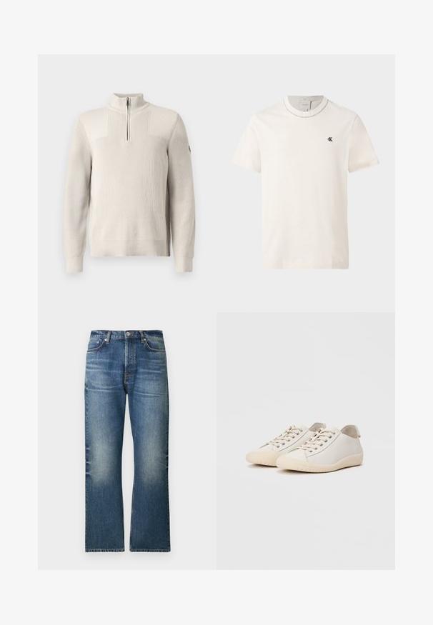 Hellbeige gestrickter Pullover mit einem Viertelreißverschluss, geripptem Kragen, Bündchen und Saum, mit einem kleinen Patch am linken Ärmel.; Kurzärmeliges, elfenbeinfarbenes Calvin Klein T-Shirt mit Rundhalsausschnitt und kleinem schwarzem "cK" Logo auf der linken Brust; Hellblaue Jeans aus Denim mit geradem Bein, ausgewaschenen Bereichen, fünf Taschen und klassischem Knopfverschluss an der Taille.; Weiße Sneaker aus glattem Leder mit tonalem Nähten, Schnürverschluss, runder Zehenpartie und einer strukturierten Gummisohle.