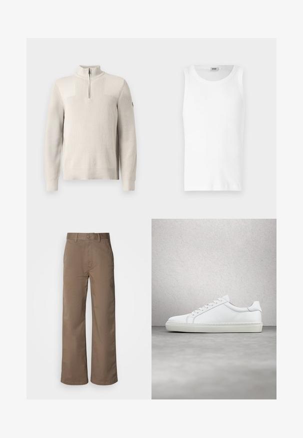 Suéter de punto beige claro con media cremallera, cuello de canalé, puños y dobladillo, que presenta un pequeño parche en la manga izquierda.; Camiseta sin mangas de algodón blanco con cuello redondo y una textura suave. Diseño sencillo, sin patrones ni acentos.; Pantalones de pierna ancha color beige, fabricados en una suave mezcla de algodón, con cierre de botón, trabillas para cinturón y sin patrones visibles. Textura suave.; Zapatilla blanca con parte superior de cuero liso y perfil bajo. Presenta una puntera redondeada, seis ojales y una suela de goma texturizada.