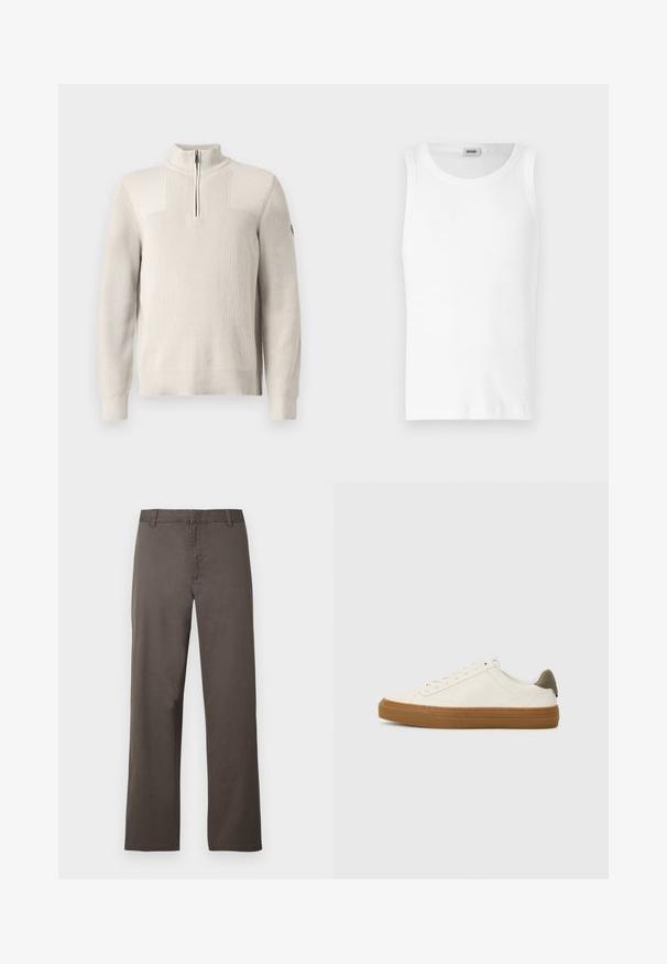 Lys beige strikket pullover med en kvart lynlås, ribbet krave, cuffs og kant, med et lille mærke på venstre ærme.; Hvid bomulds tanktop uden ærmer med rund halsudskæring og en glat tekstur. Enkel design, ingen mønstre eller accenter.; Brune bomuldsbukser med et design i lige ben, der har bæltestropper og en glat tekstur. Ingen synlige mønstre eller hardware-detaljer.; Hvide lædersneakers med rund tå, gummisål og olivengrøn hælaccent. Har snørelukning og minimal syning.