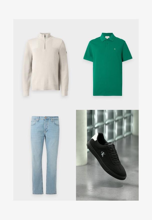 Pull en tricot beige clair avec une fermeture éclair quart, col, poignets et ourlet côtelés, présentant un petit badge sur la manche gauche.; Polo vert en coton, avec un col classique, des manches courtes, et un petit logo CK brodé sur la poitrine.; Jean en denim bleu clair, coupe droite, avec cinq poches et une fermeture à bouton à la taille, exposé à plat sur un fond blanc.; Baskets noires Calvin Klein avec languette de talon blanche et logo CK sur le côté, flottant au-dessus d'un sol en béton poli et d'un mur en blocs de verre en arrière-plan.
