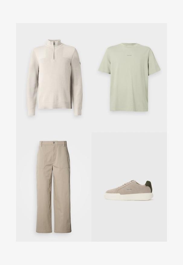 Lichtbeige gebreide pullover met een kwart rits, ribbelkraag, manchetten en onderrand, voorzien van een kleine patch op de linkermouw.; Lichtgroene katoenen t-shirt met een ronde hals, korte mouwen en een klein Calvin Klein-logo in een donkerdere tint gedrukt op de borst.; Beige wijde broek van katoen; voorzien van voorzakken met klep, een knoopsluiting en zichtbare stiknaden langs de zoom.; Beige suède sneakers met een witte rubberen zool, voorzien van een donkergroene hielaccent en subtiele branding aan de zijkant.