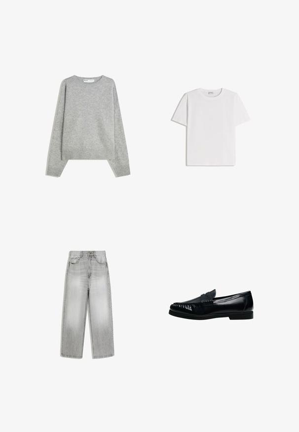 Pull en tricot gris avec un col rond, des poignets et un ourlet côtelés, offrant une coupe décontractée et une texture douce.; T-shirt en coton blanc avec un col rond et des manches courtes. Présente une coupe classique et carrée, sans motifs ni accents visibles.; Jean gris clair à jambes larges, taille haute, bouton devant, fermeture éclair et design à cinq poches, présenté à plat sur fond blanc.; Mocassin penny loafer pour homme en cuir noir avec bout moc cousu et petit talon, présenté de profil sur fond blanc.
