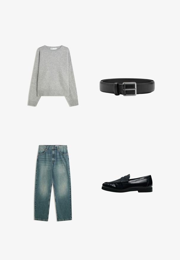 Pull en tricot gris avec un col rond, des poignets et un ourlet côtelés, offrant une coupe décontractée et une texture douce.; Jean en denim bleu clair avec taille haute, coupe large et décoloration subtile ; possède cinq poches et des finitions en métal.; Mocassin penny loafer pour homme en cuir noir avec bout moc cousu et petit talon, présenté de profil sur fond blanc.; Ceinture en cuir noir avec une boucle métallique rectangulaire argentée et une seule boucle pour la fixation.